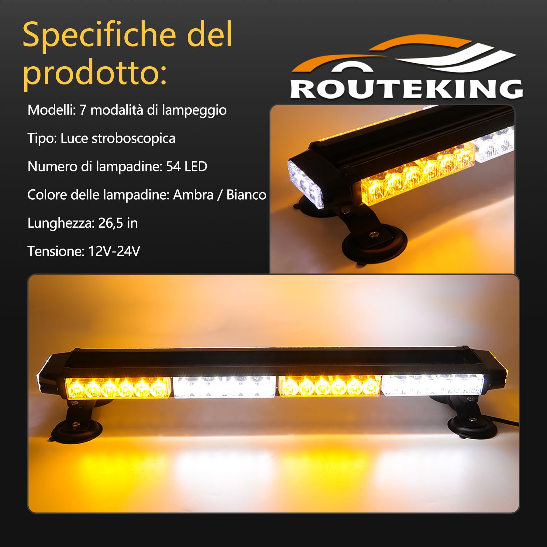 Lampeggiante LED Barra Magnetica 67 cm 54 LED Ambra/Bianco 12V/24V Doppio Lato 7 Modalità Flash IP67 Luce di Emergenza per Camion, Trattori, Spazzaneve e Veicoli Industriali