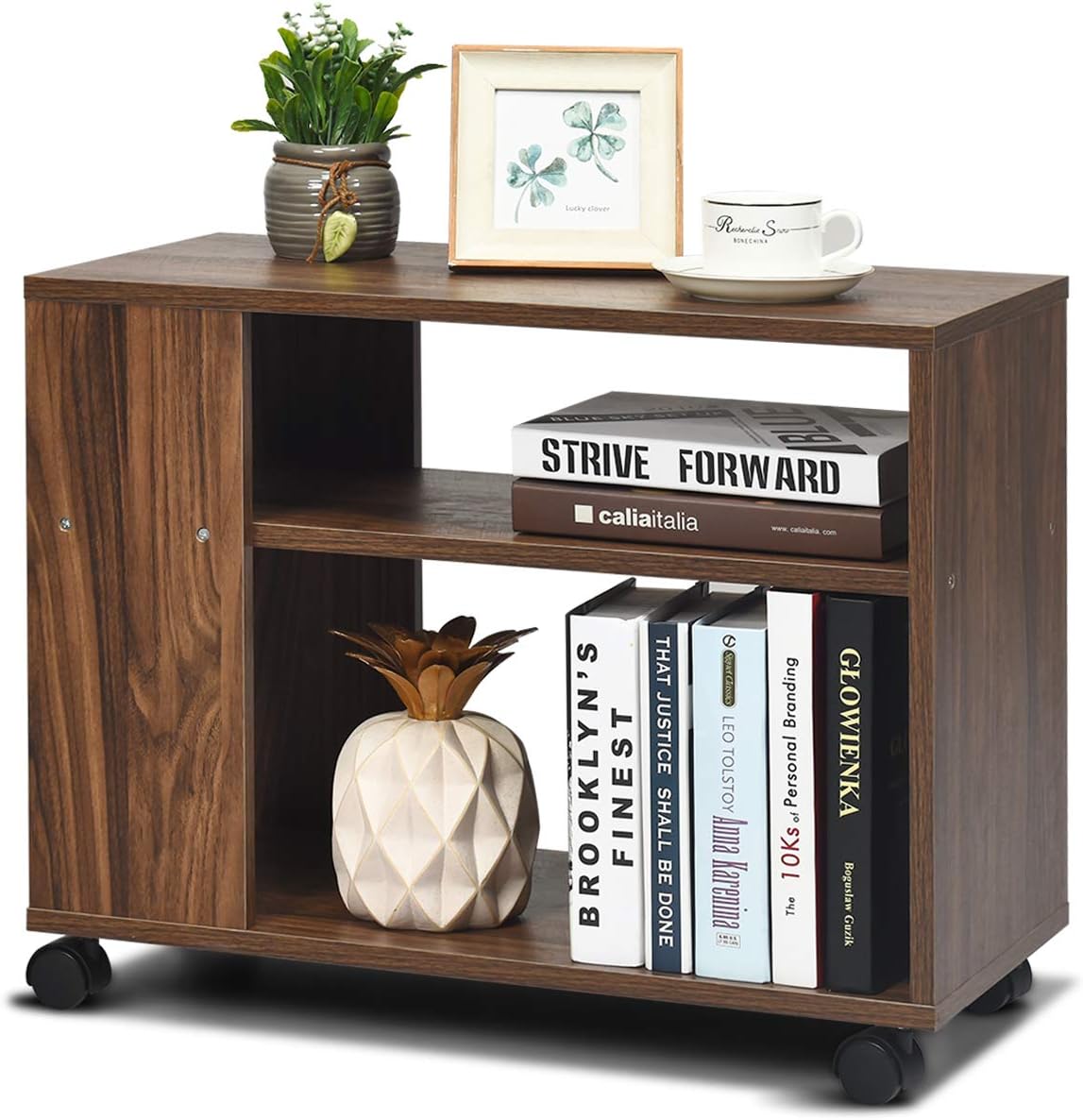 Giantex End Table 3-Tier with Shelves and Wheels for Small Spaces, Stable and Multifunctional Storage Organize Cart for Living Room,Bedroom, Office Nightstand (1, Brown)