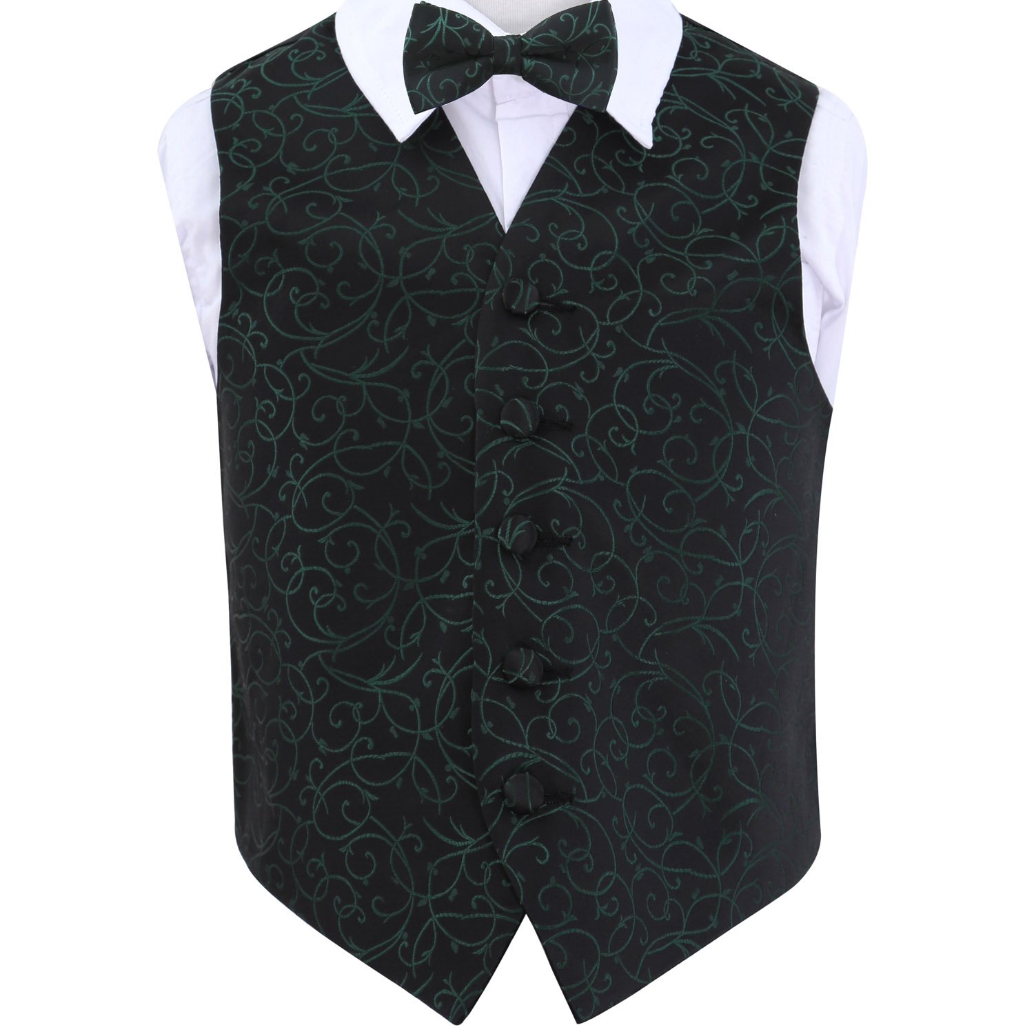 DQT Boys Swirl Jacquard Waistcoat & Pre-Tied Bow Tie Set (2pc) - Wedding Pageboy Formal Vest - Black and Green 13-14 Years 34"
