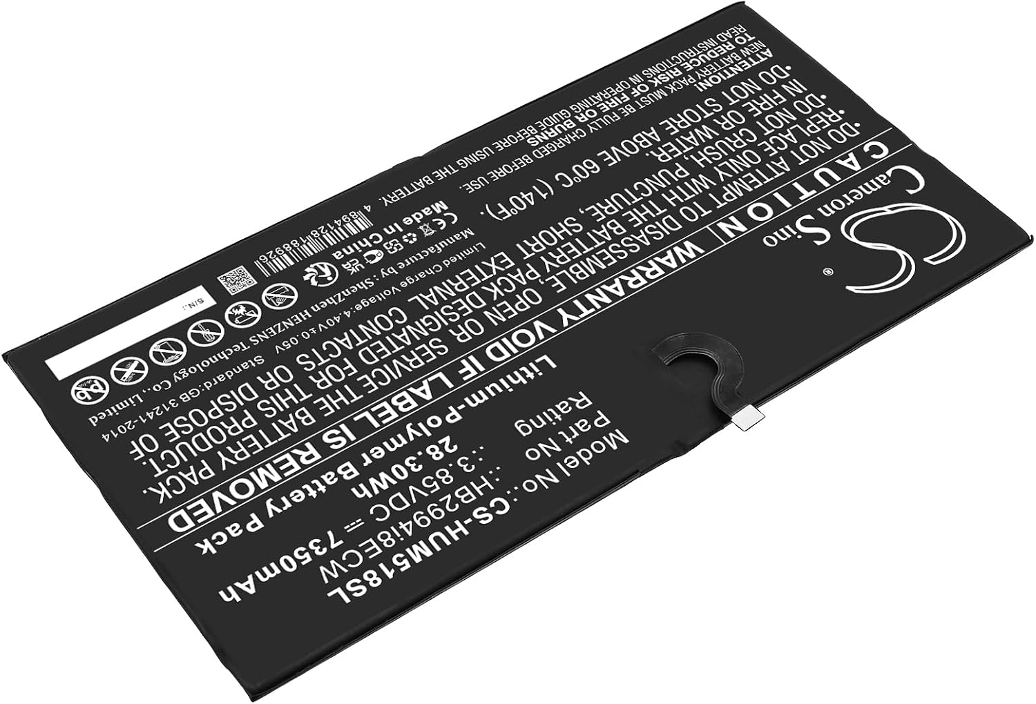 Cameron Sino Battery for CMR-AL09, CMR-AL19, CMR-W09, MediaPad M5 10.8, MediaPad M5 Pro 10.8 PN: HB2994i8ECW 7350mAh / 28.30Wh