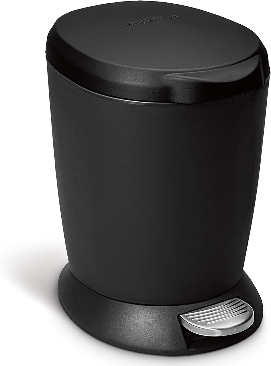 simplehuman 6 Liter / 1.6 Gallon Compact Plastic Round Bathroom Step Trash Can, Black