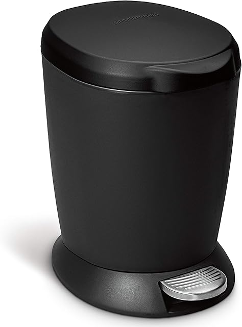 simplehuman CW1319 6L Round Pedal Bin, Small Bin for Bathroom Bedroom Office, Strong Steel Pedal, Inner Bucket, Black Plastic