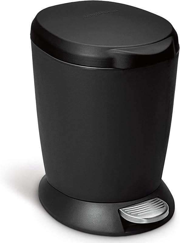 Bote de basura redondo de plástico compacto para baño, de 6 litros / 1,6 galones, color negro