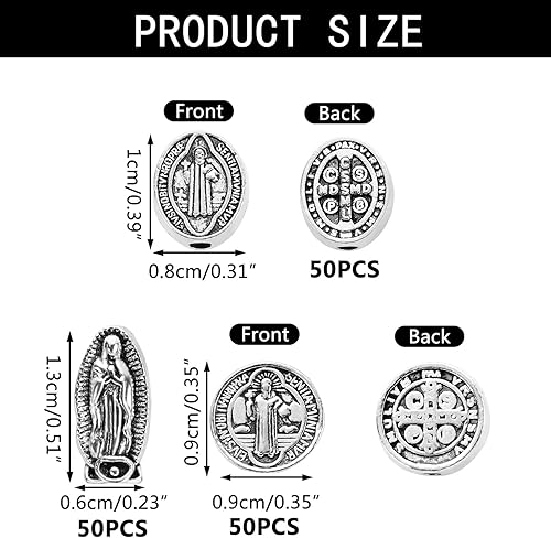 Miniatura 2 de 150 cuentas espaciadoras religiosas de Jesús, Virgen María y San Benito, colgantes de medallón de plata antigua, accesorios ovalados milagrosos para