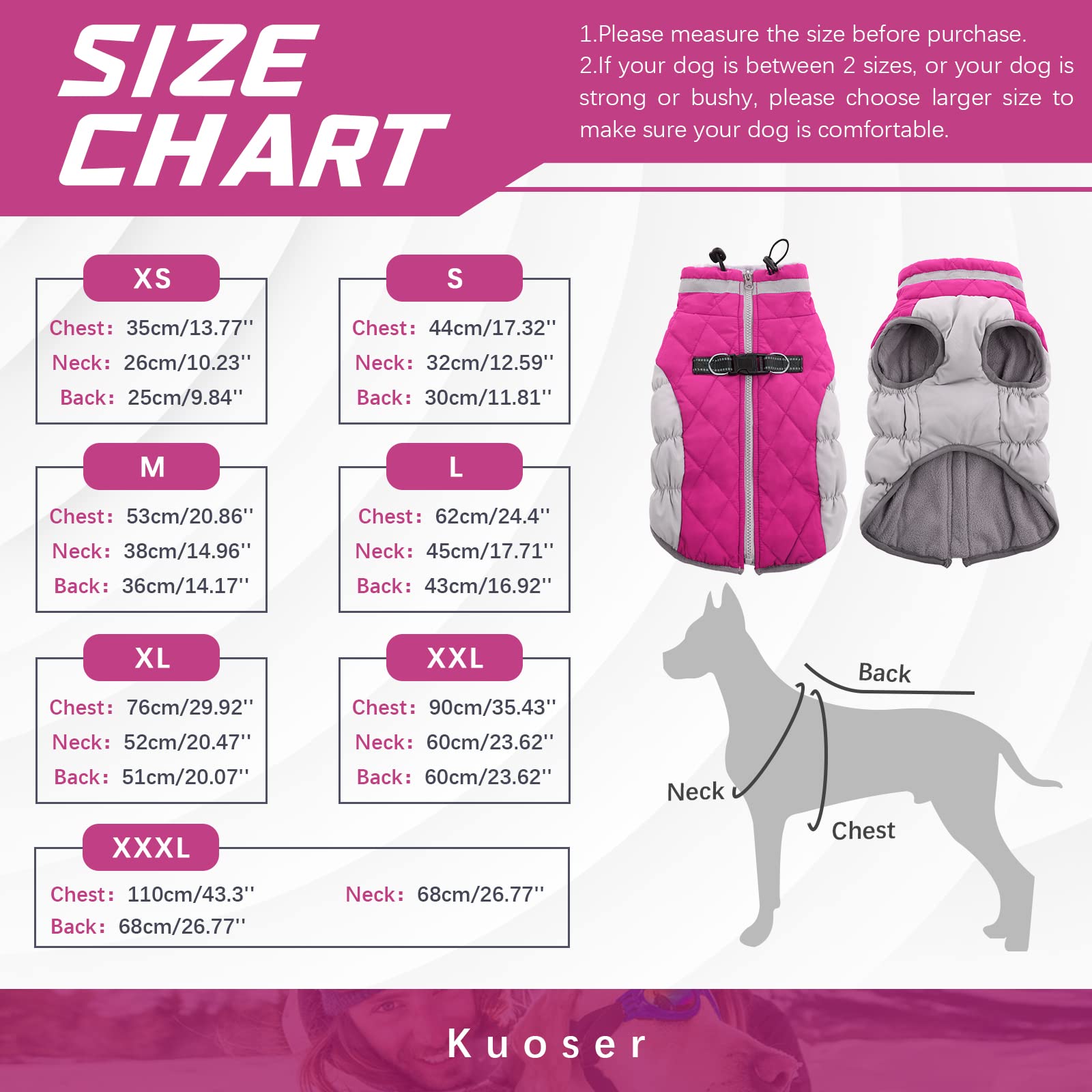 Kuoser Hundejacke Hundemantel für Kleine Hunde Winterweste, Wasserdicht Hunde Wintermantel Jacke Winter Hunde Mantel Mit Geschirr Warme Winterjacke Hundepullover Haustier Skifahren Kostüm Rosa, XS - 2