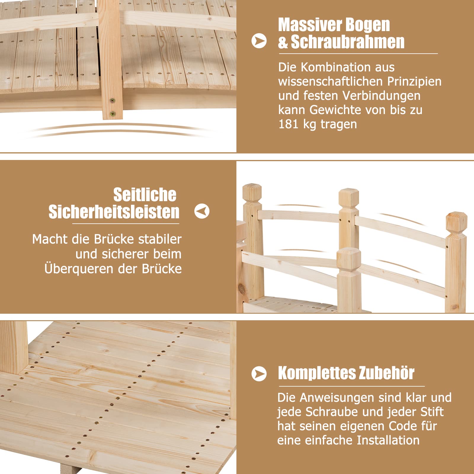 RELAX4LIFE Puente de Madera con Barandilla, Puente CE Jardín, Madera CE Abeto, Puente para Estanque, Carga 100 kg, Puente Decorativo Estable y Duradero, 150 x 67 x 55 cm (Natural)