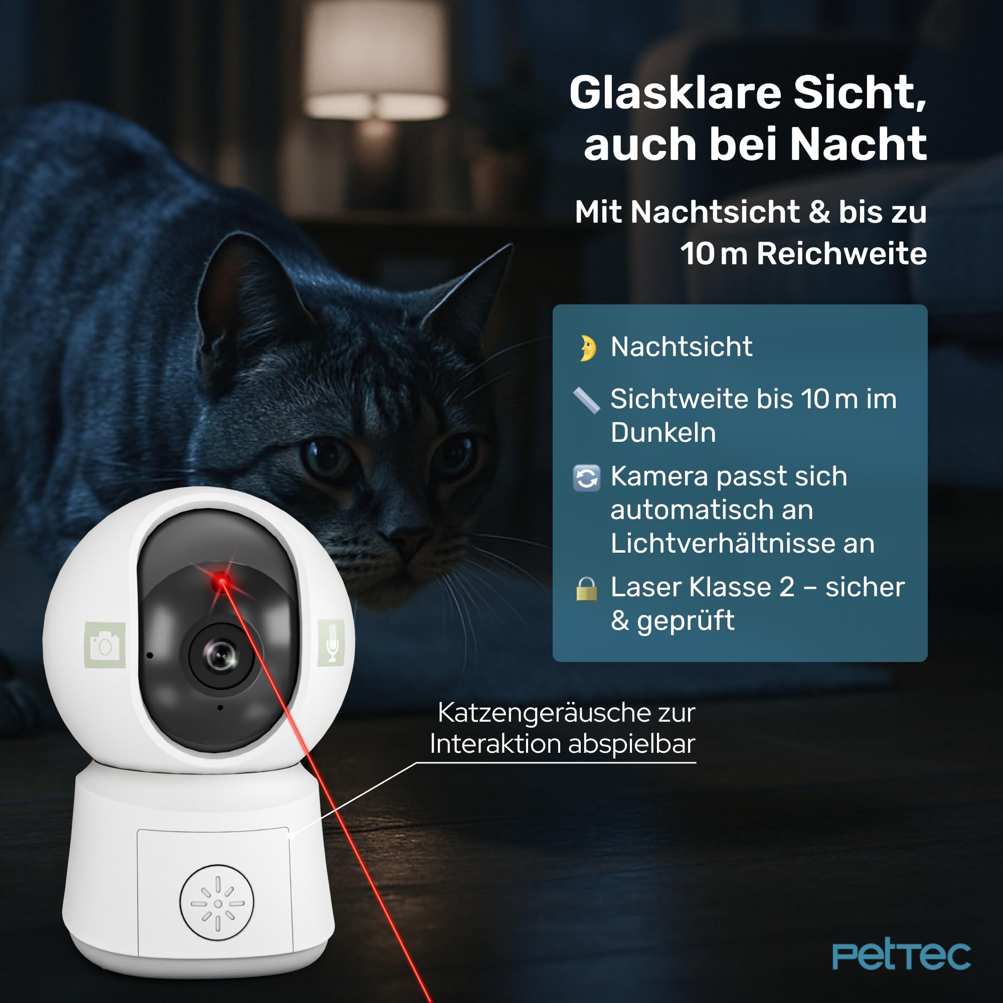 PetTec® Pet Cam Laser - Haustierkamera mit App [OHNE ABO-Falle] - Katzen Kamera Zuhause mit Bewegungserkennung & Nachtsichtfunktion - 4MP Rundumblick 360° Schwenken & Neigen - Katzenspielzeug