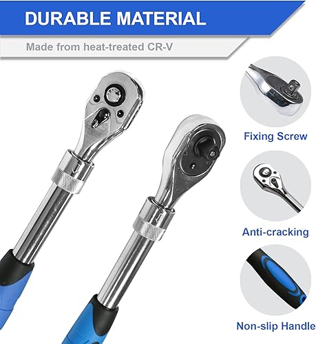 Miniatura 5 de TR TOOLROCK 3PCS Extendable Ratchet Set,14" 38" 12-Inch Drive Socket Wrench 72-Tooth Quick-Release Reversible CR-V Gear Torque Spanner with Soft