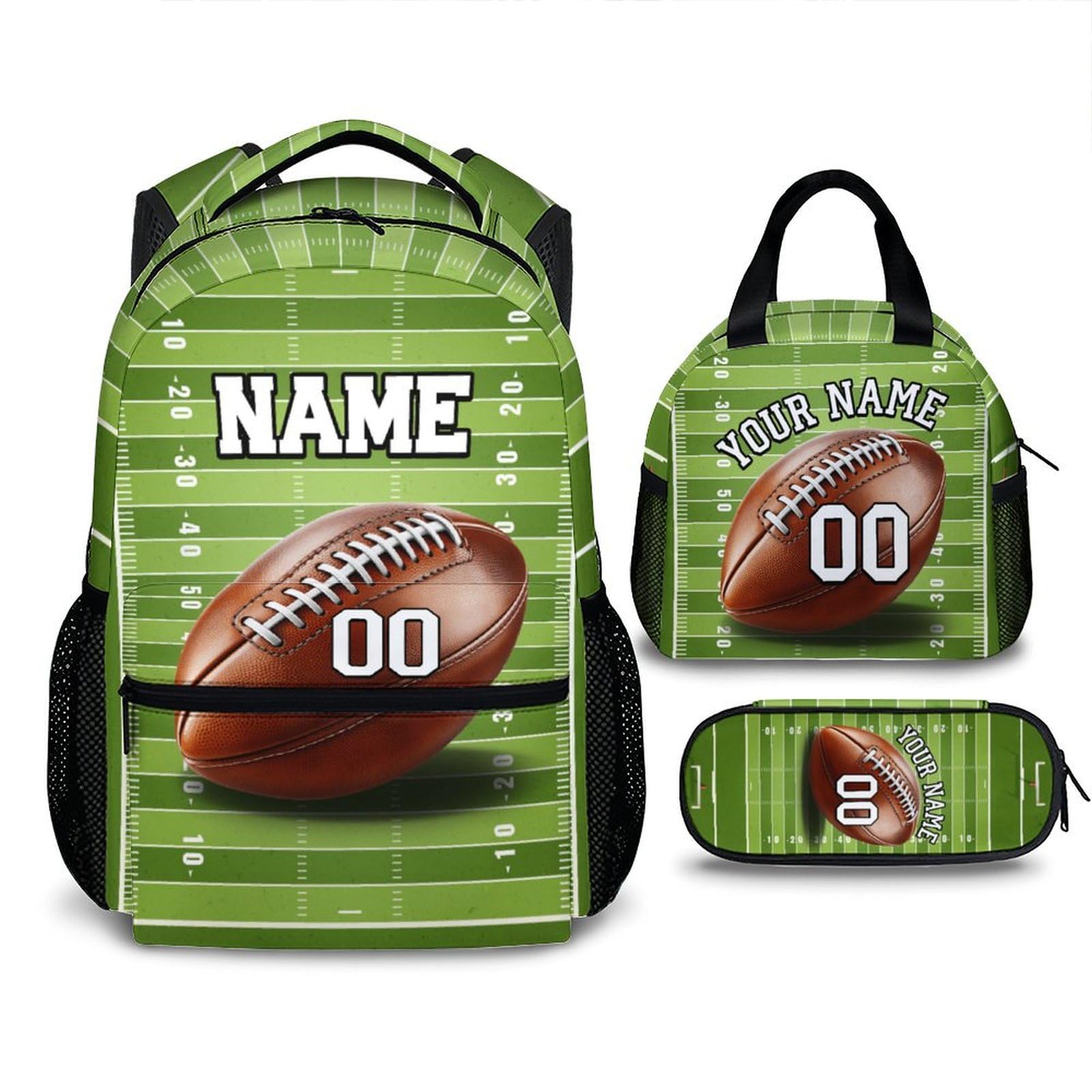Wedinosaurnes Set of 3 Custom Football Backpack for Boys, Custom School Bag with Name, Kids Backpack with Lunch Box, 17 Inch Student Bookbag and