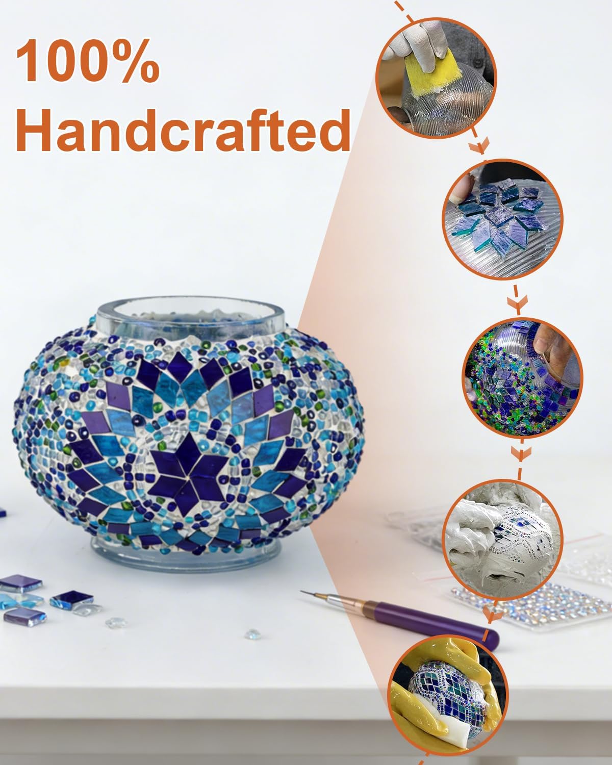 Longzhuo Turkish Mosaic Table Lamp - Handmade Stained Glass Lamp with Handle Tiffany Style, Hangable Bohemian Bedside Night Light, USB Power Moroccan Lantern for Bedroom Living Room Decor