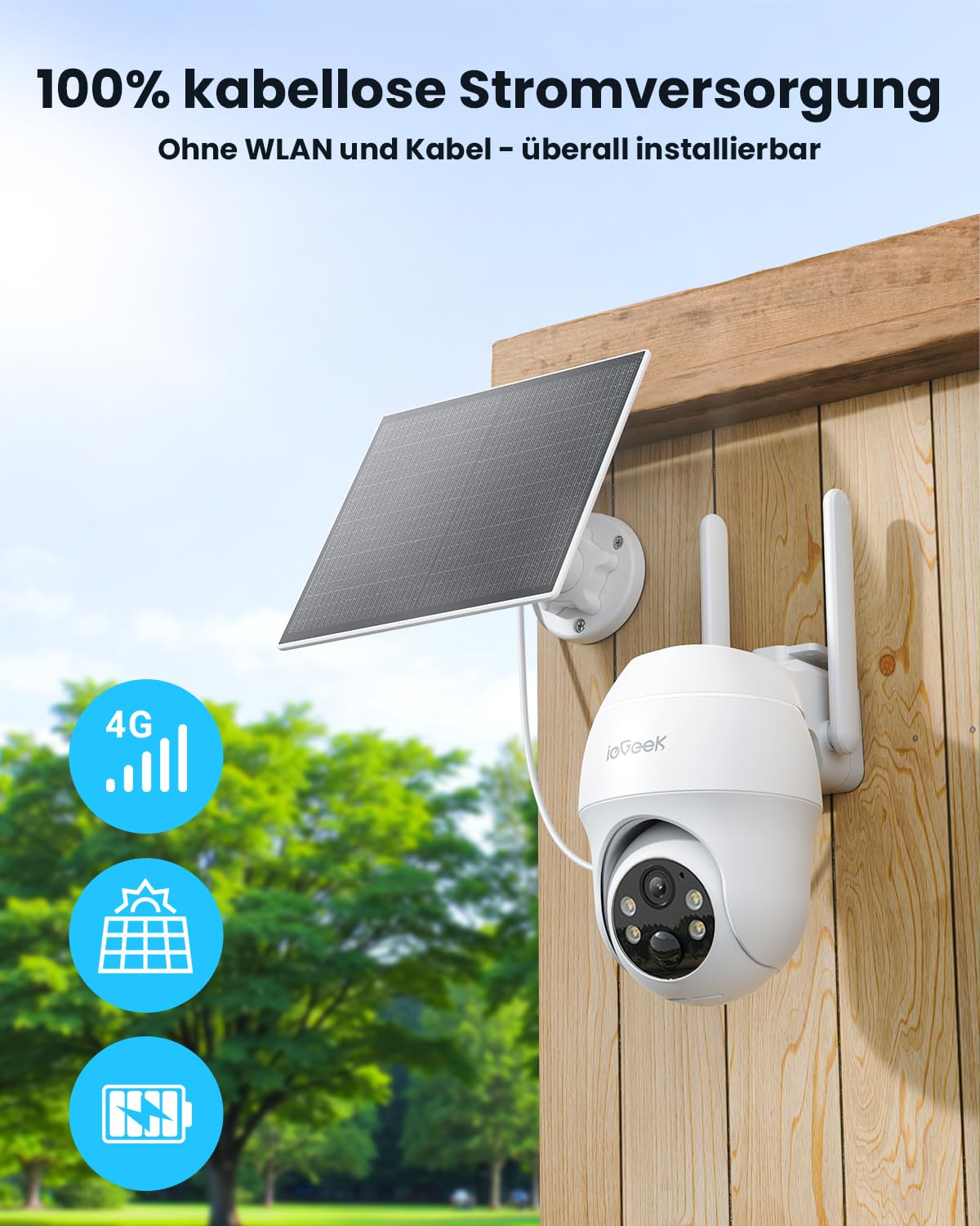 ieGeek 4G/3G LTE Cámara de Vigilancia Solar Inalámbrica, Soporte para Cambiar Tarjeta SIM, con Batería de 10000mAh, Visión Nocturna en Color 2K 3MP, PTZ 350°&90°, Detección Humana PIR