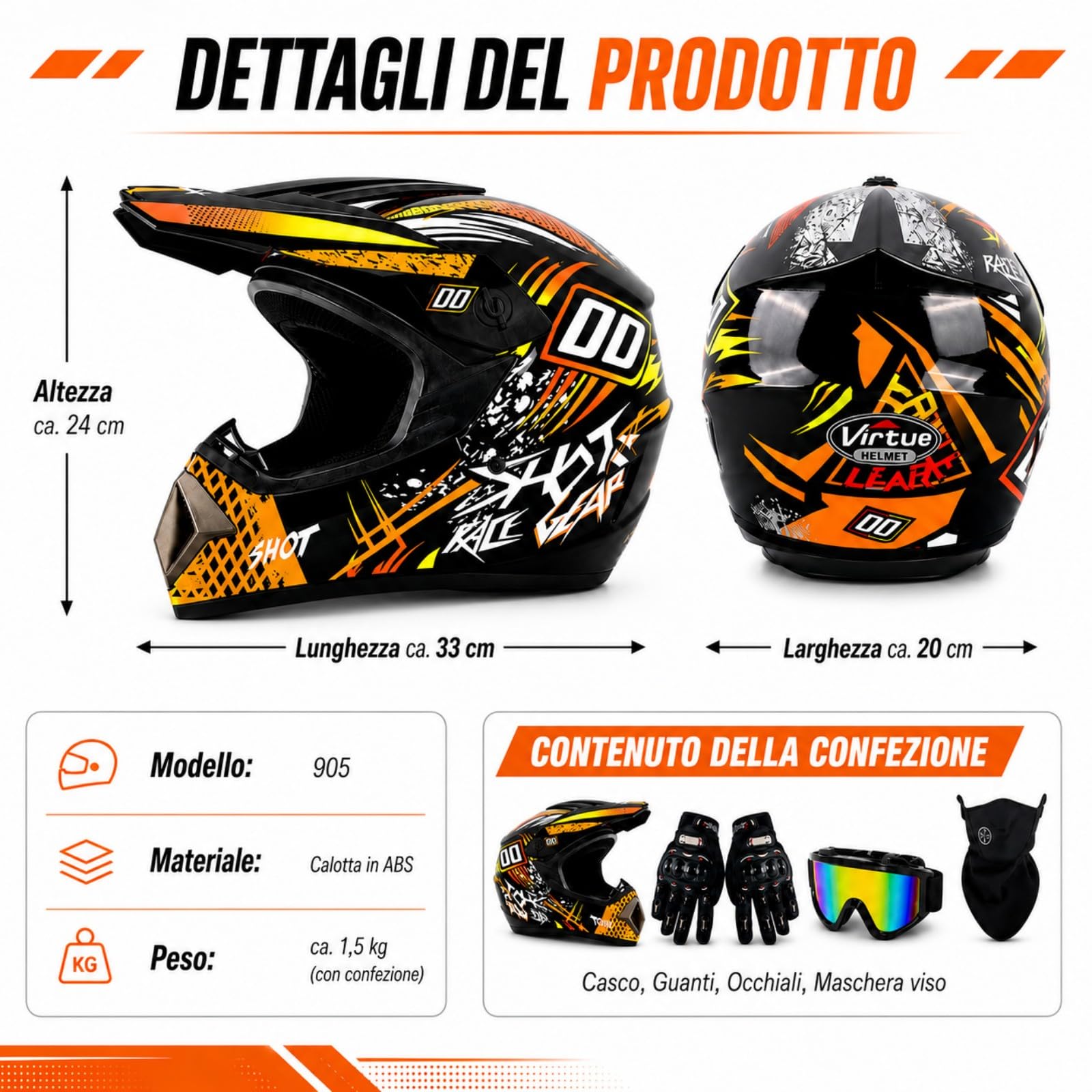 Set Casco Cross Integrale nero e arancione con Occhiali e Guanti