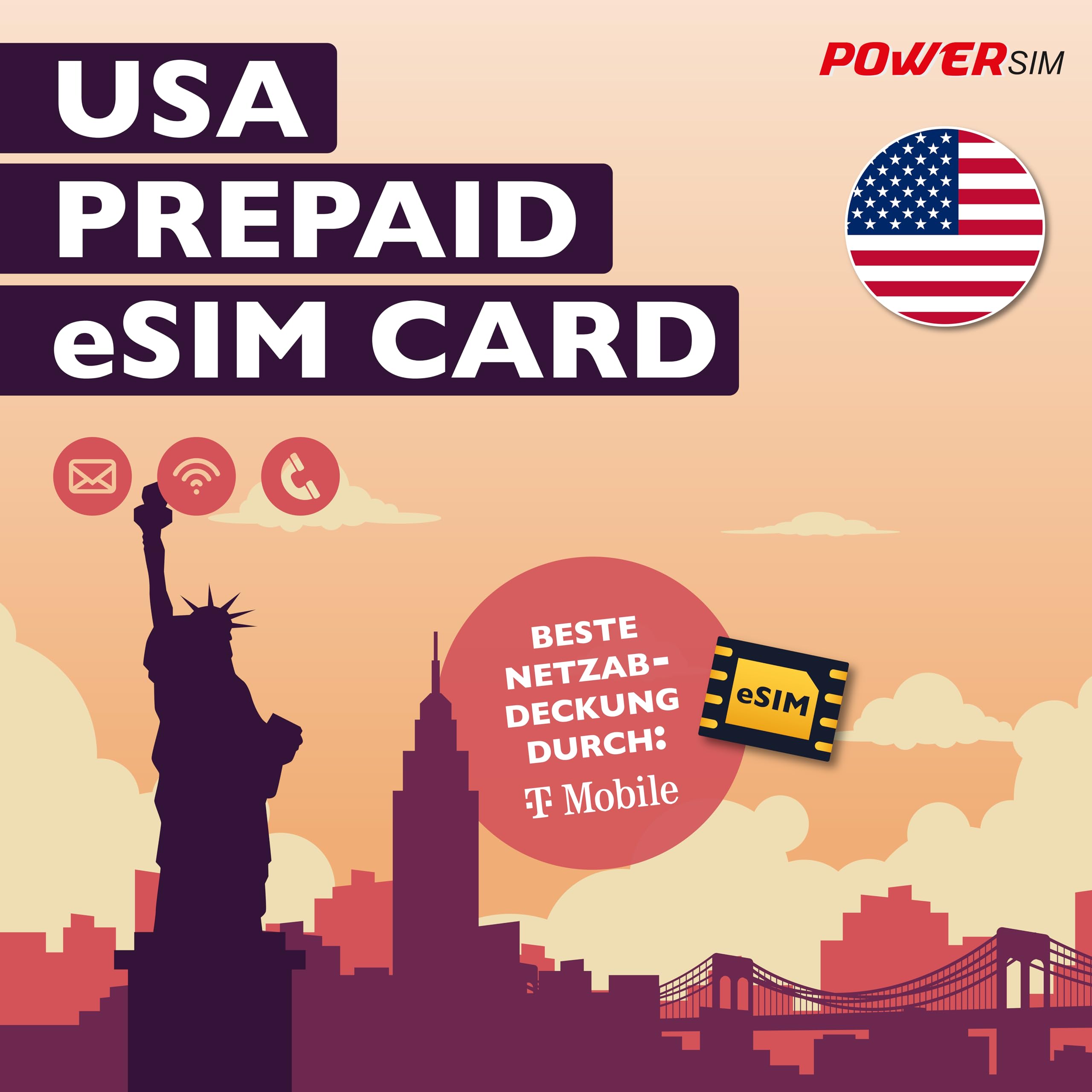 Prepaid-Karte für die USA, Beste Netzabdeckung durch T-Mobile, mit E-Mail, WLAN und Telefonie (21 Tage eSIM)