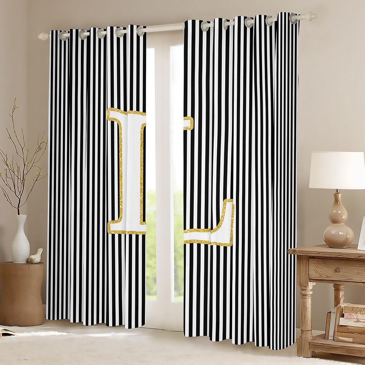 Homewish Firanki okienne w paski z inicjałem L 117 x 137 cm 2 zestawy paneli - zasłony zaciemniające czarno-białe abstrakcyjne zasłony okienne geometryczne stylowe monogram nowoczesne modne wzory