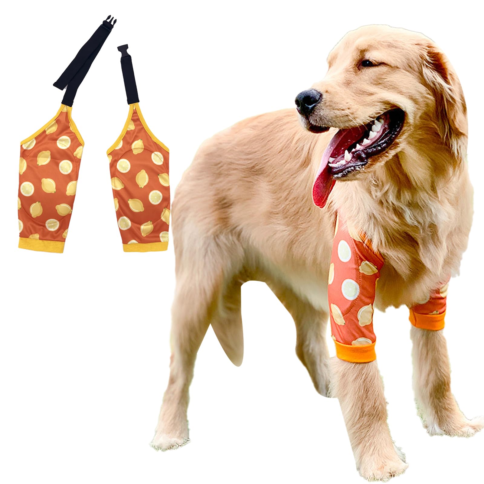 Dogs Knee Protector Pad for Calluses, Dog Knee Brace, Front Elbow Support Wrap, Dog Sleeves for Wounds Dog Elbow Callus Treatment for Medium Large Dogs with Scarf (Large Lemon)