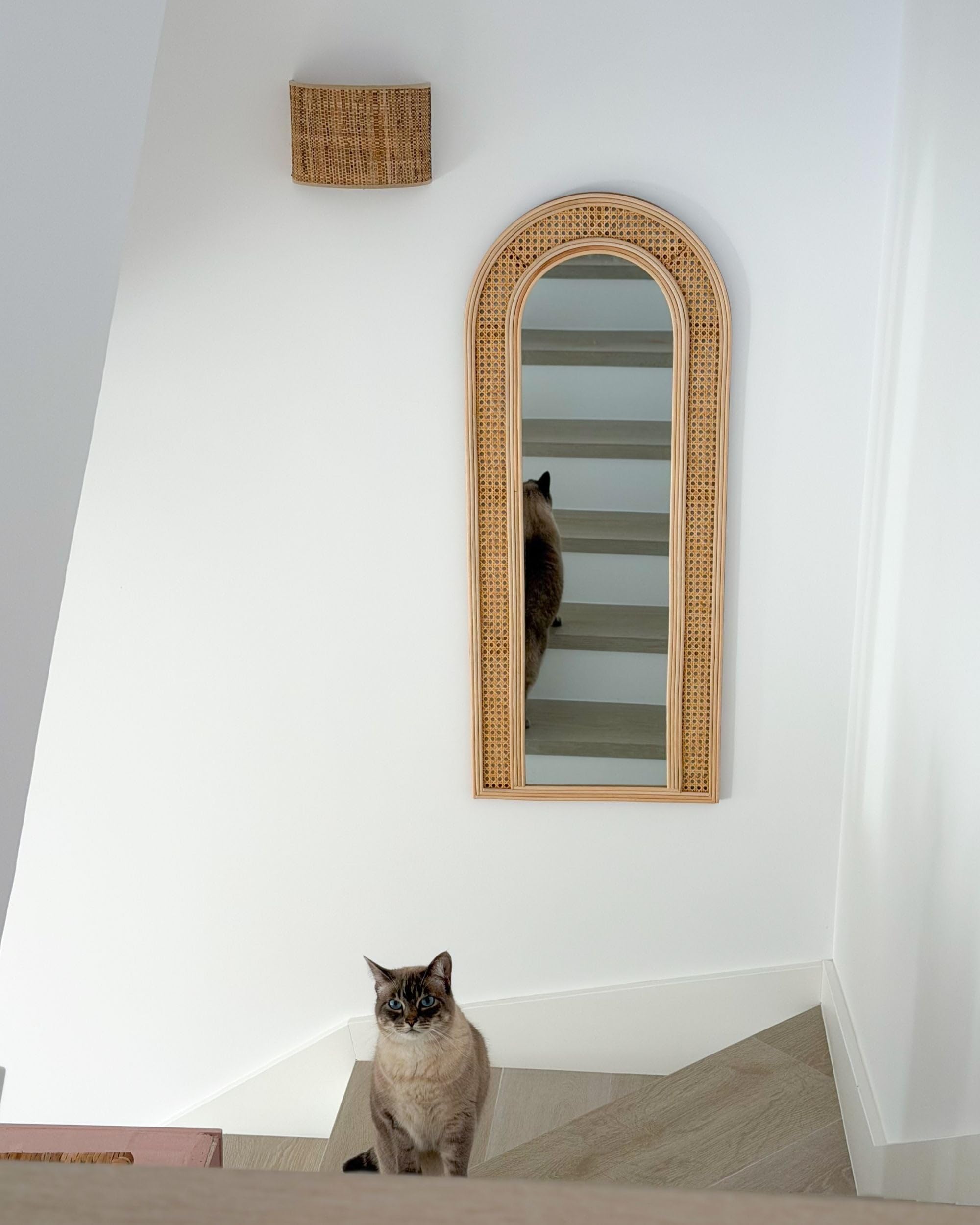 Beliani Espejo de Pared en Forma de Arco de ratán 120x50 cm Sala de Estar Dormitorio Accesorios del hogar Hecho a Mano Estilo Boho Natural Franey