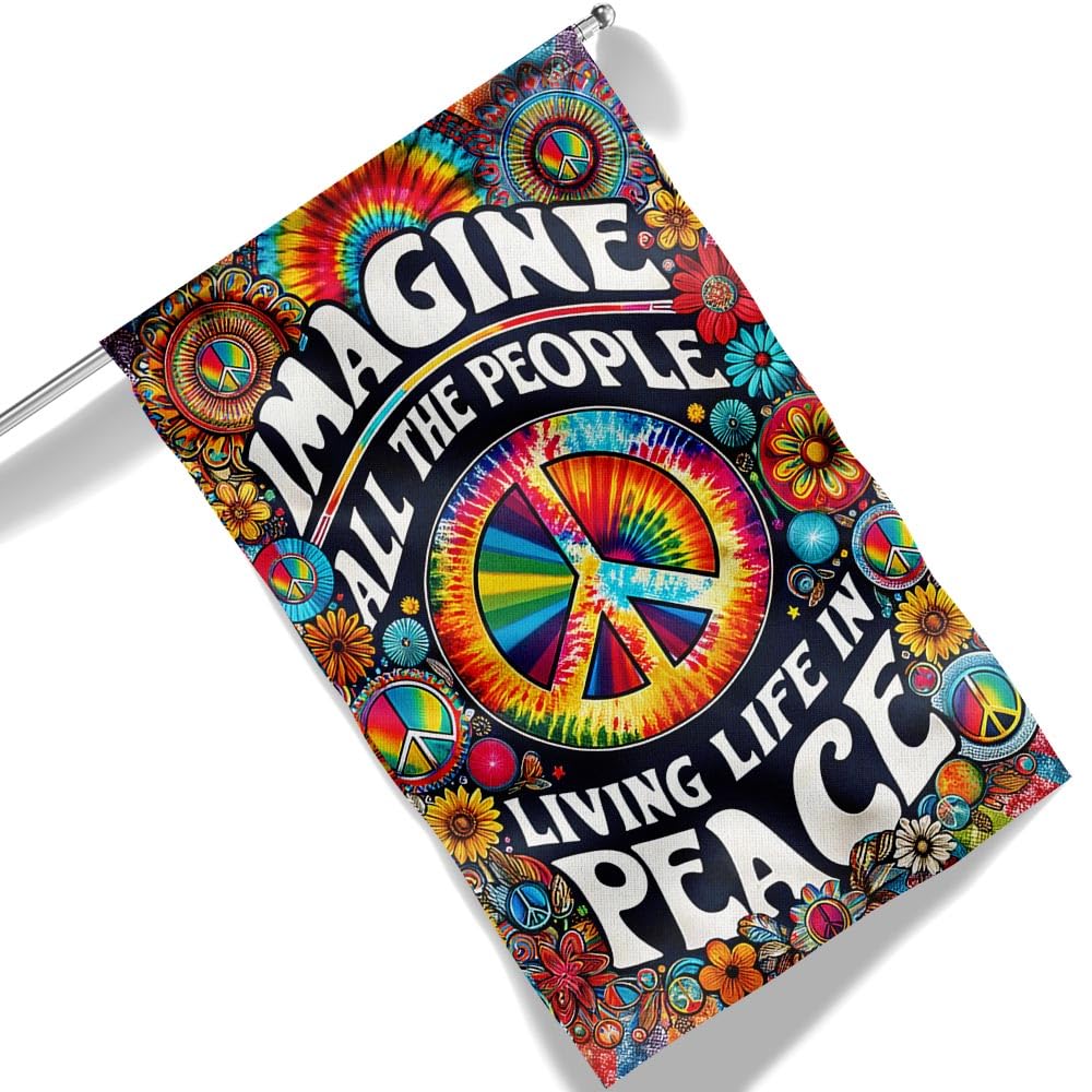 American Flag-Hippie Imagine All The People Living Life In Peace Flag TQN2342F, 3x5 ft. Flag-USA Flags Premium Polyester-Decorative Indoor Outdoor