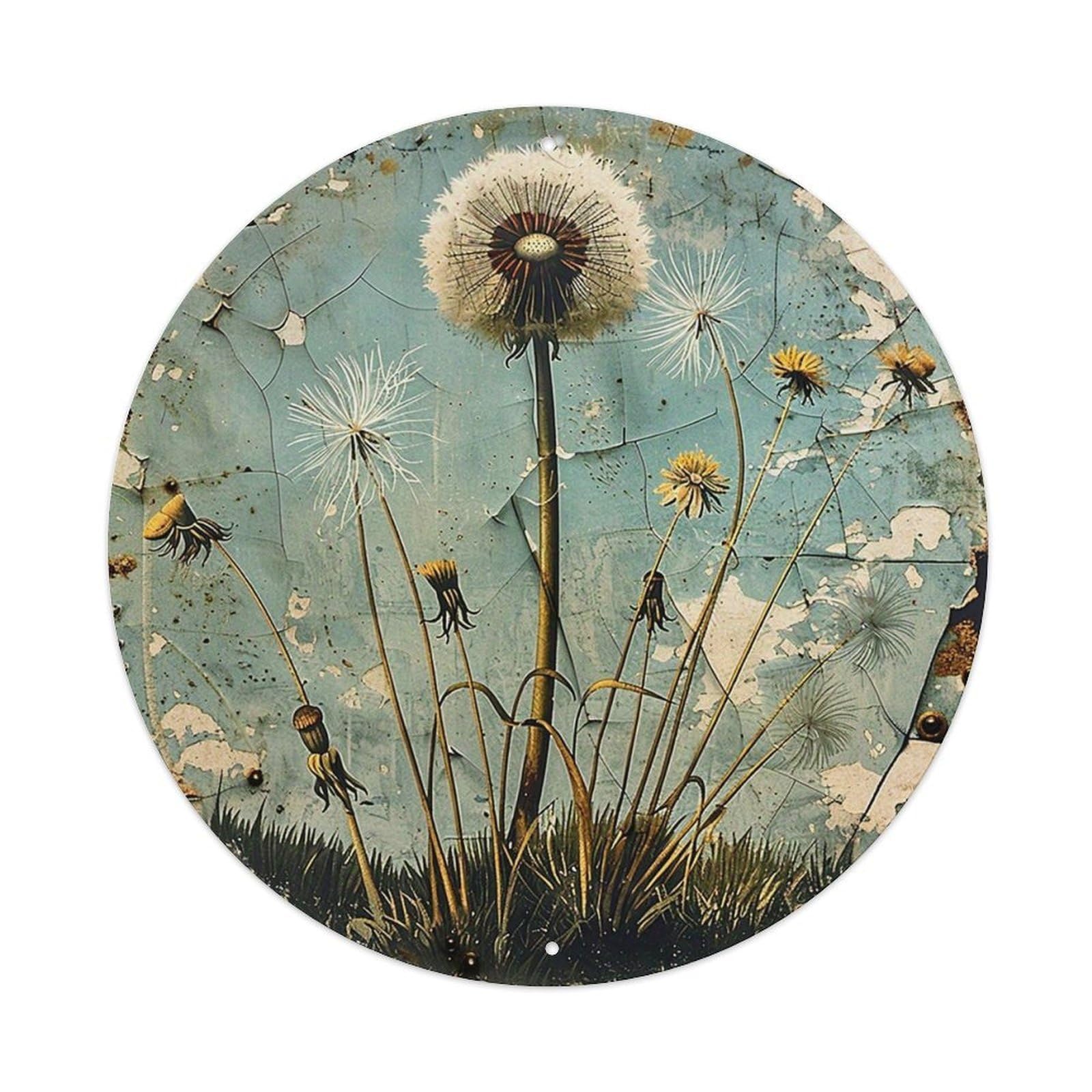 Dandelion Seeds On Peeling Blue Surface Tin Sign Metal Poster Vintage Metal Signs for Home Man Cave Bar Cafe Kitchen laundry room Wall Decorations 8x8 inches