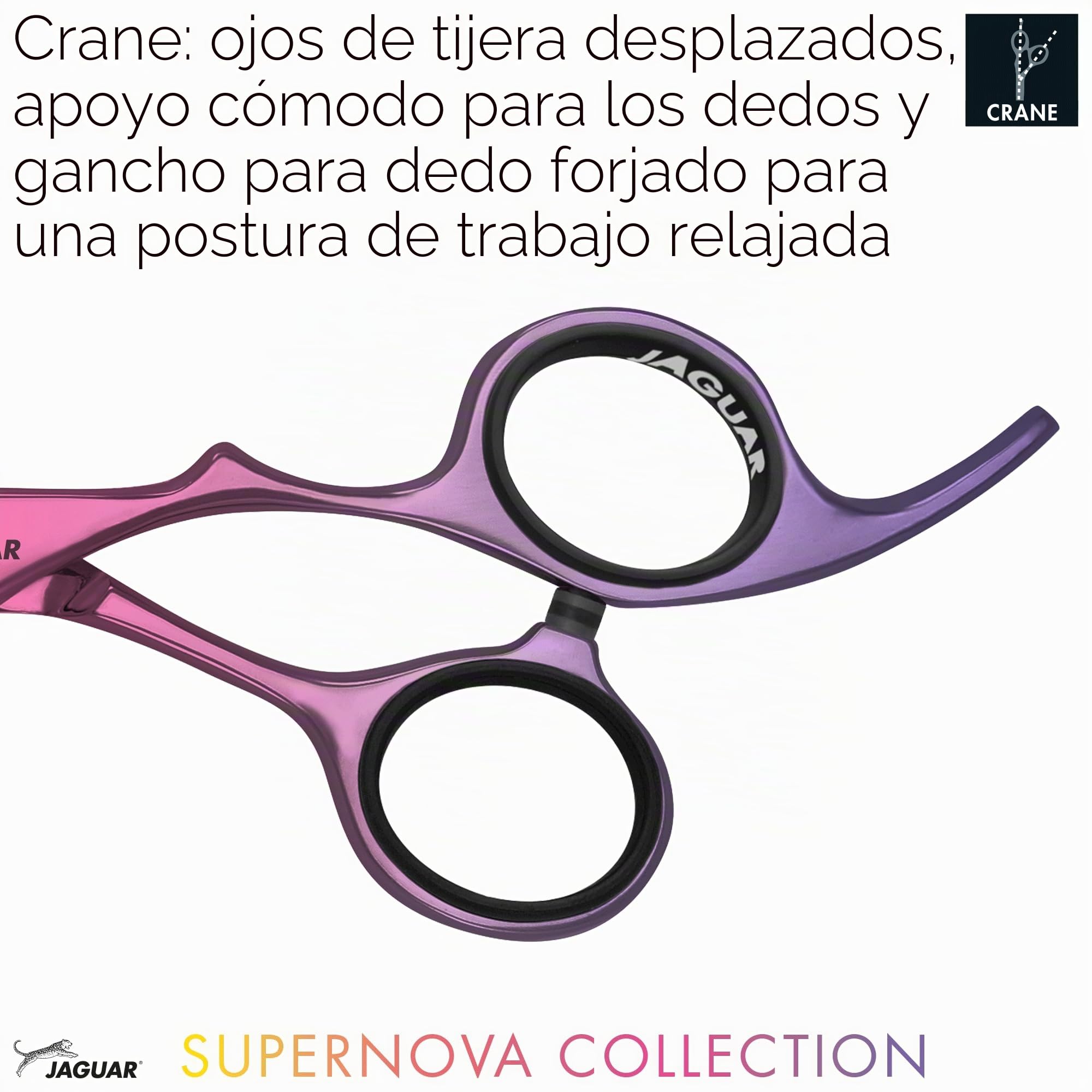 JAGUAR JaguART NYA - Tijeras de peluquería con diseño de grúa, con gancho forjado y ojo de pulgar en ángulo, revestimiento metálico hipoalergénico y resistente
