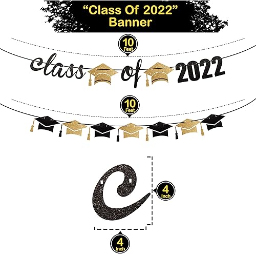 Miniatura 4 de Banner negro y dorado para la clase de 2022, 10 pies, sin bricolaje, pancarta de graduación 2022 con guirnalda de gorra de graduación, decoraciones