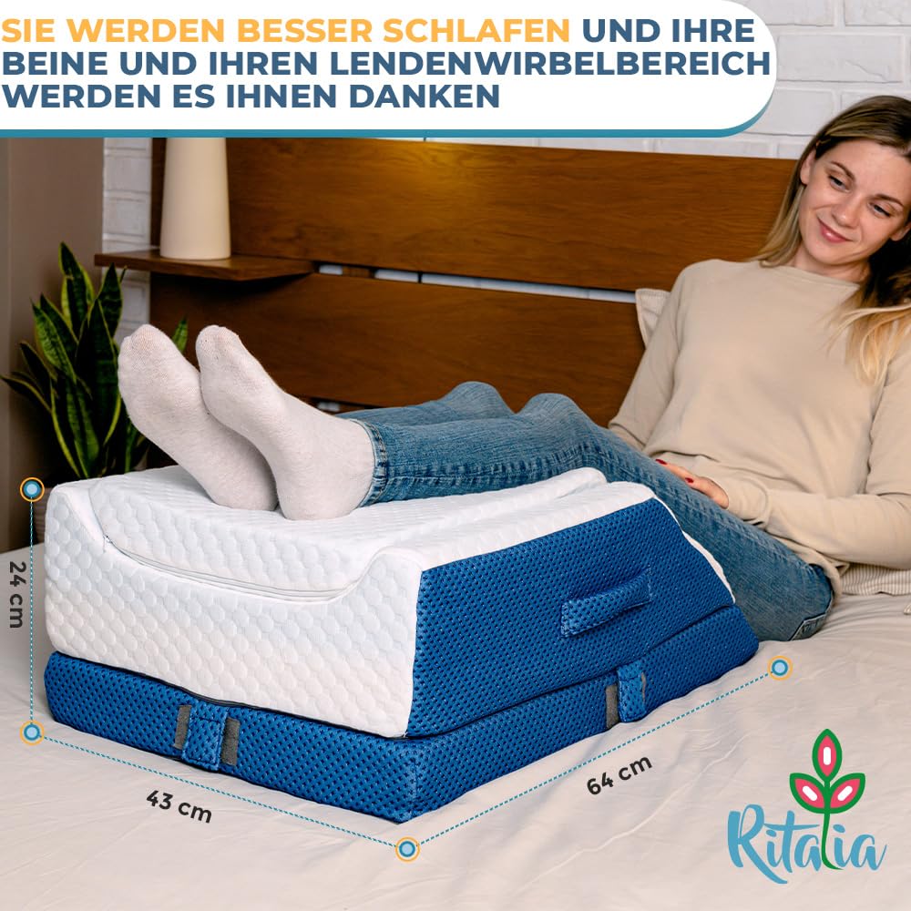 Ritalia Venenkissen – Beinhochlagerungskissen, 3-Fach höhenverstellbar, Memory Foam, atmungsaktiver Bambusbezug, 64x43x24 cm, ergonomisch, für Erwachsene, Blau