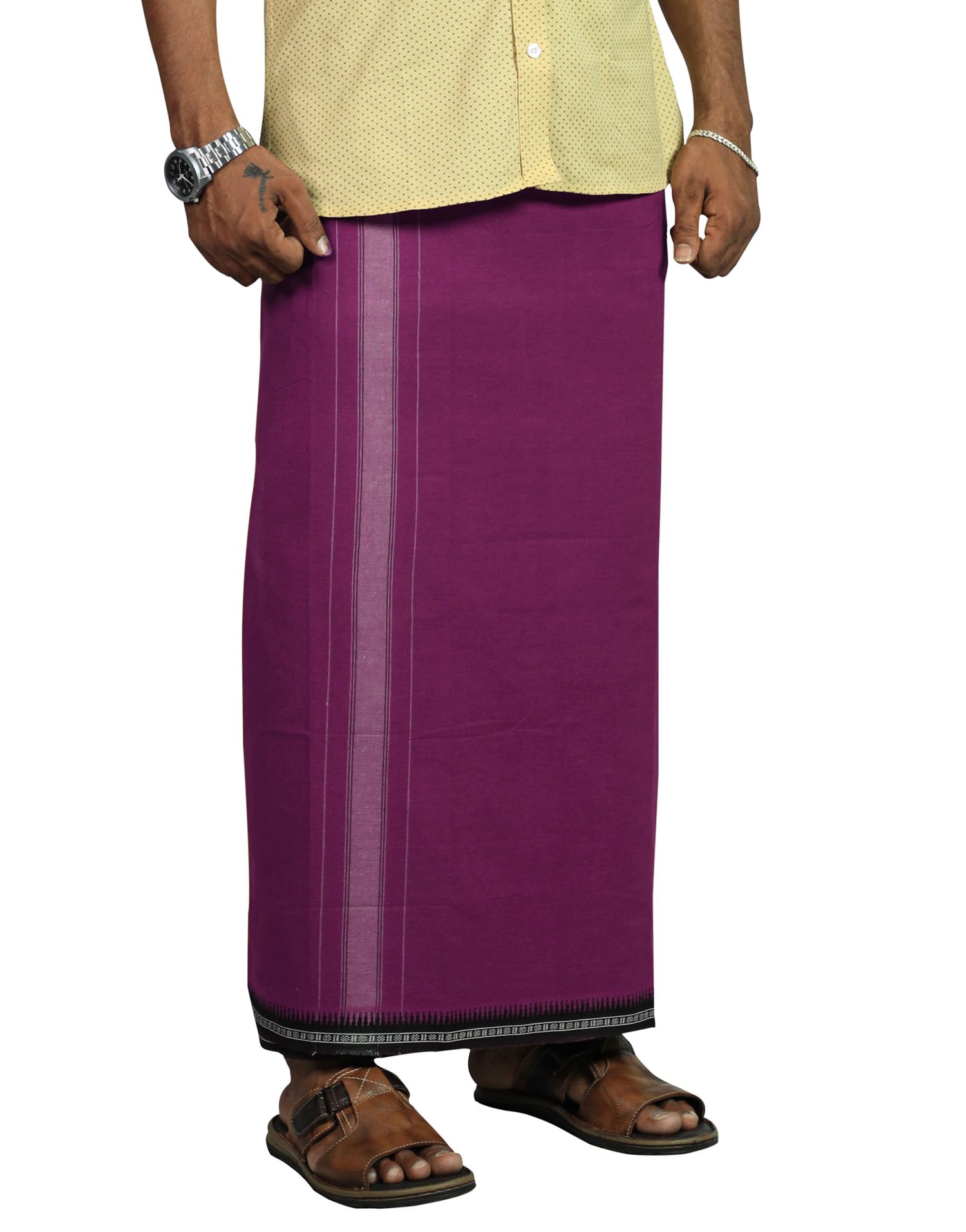 Prakasam Cotton Mens Cotton Kerala Thalapathi Border Welcro Pocket Dhoti (S-Size Dhoti) / Violet Colour Thalapathi Adjustable Pocket Dhoties For Mens