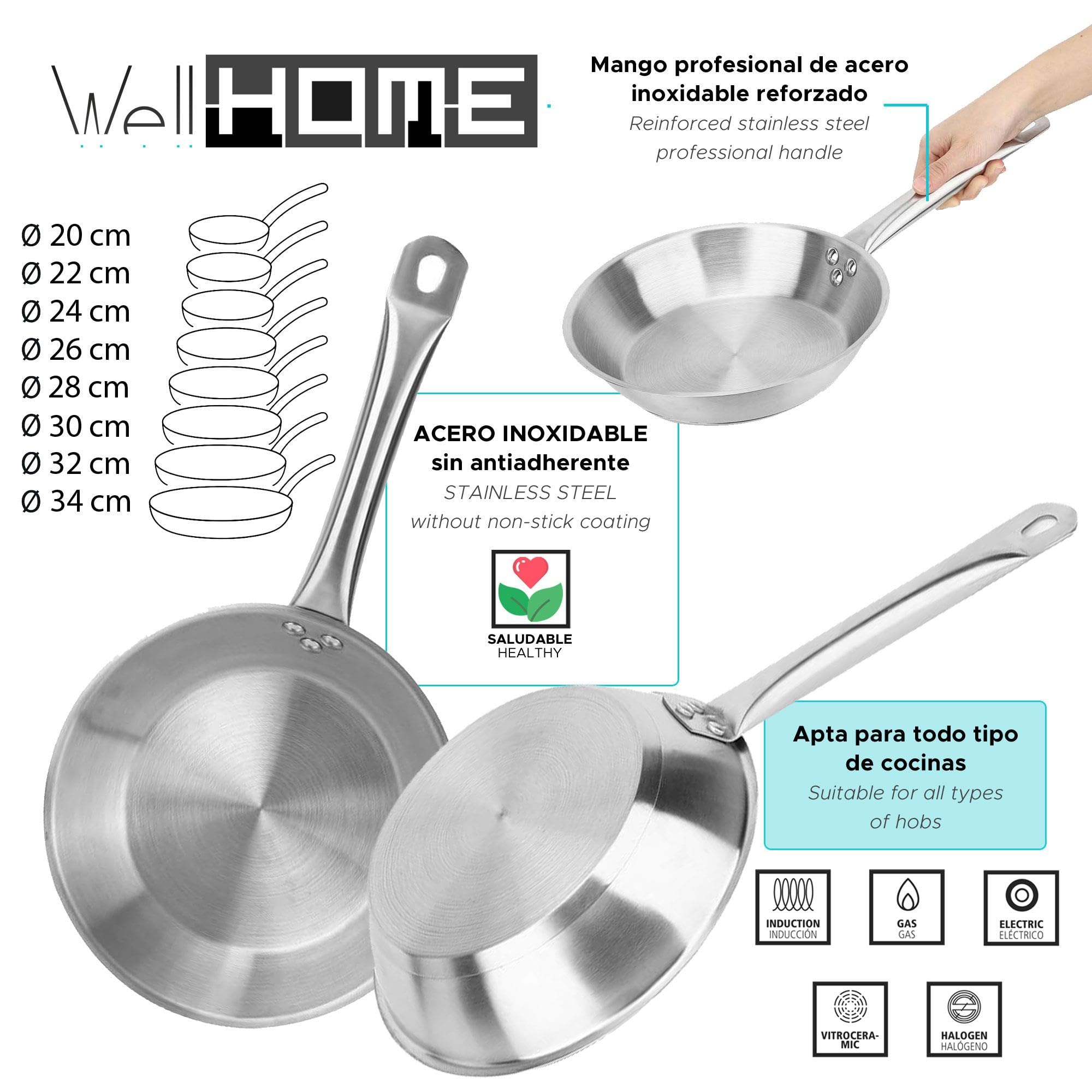 Well Home Set de Batería de Cocina de 8 Piezas y Sartenes en Acero inoxidable Ø20 Ø24 y Ø28 x5cm, Aptas para inducción y SIN antiadherente