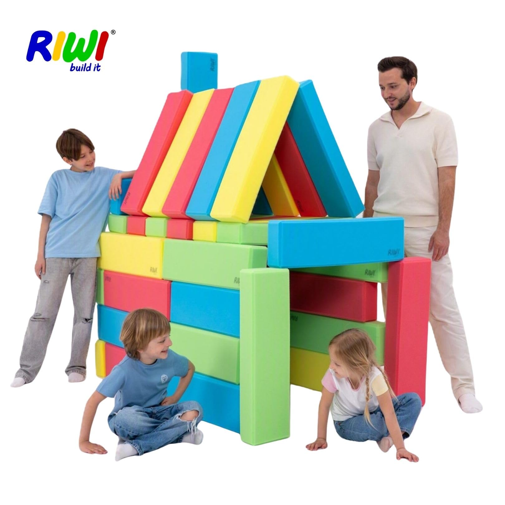 RIWI Set di 48 mattoncini da costruzione XXL in gommapiuma, grandi mattoncini morbidi per bambini, certificati TÜV Austria e Öko-Tex, lavabili in lavatrice