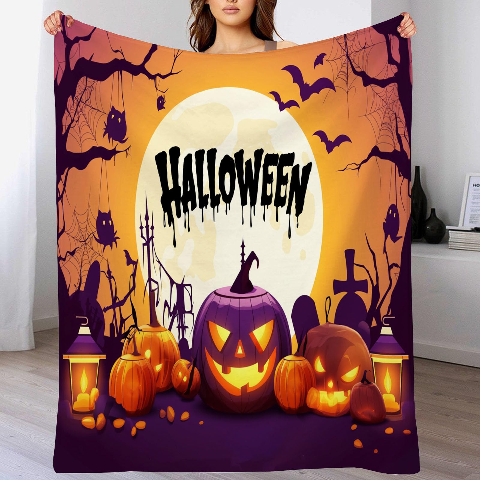 Plaid Halloween grand format couverture lit 220x240 citrouille araignée