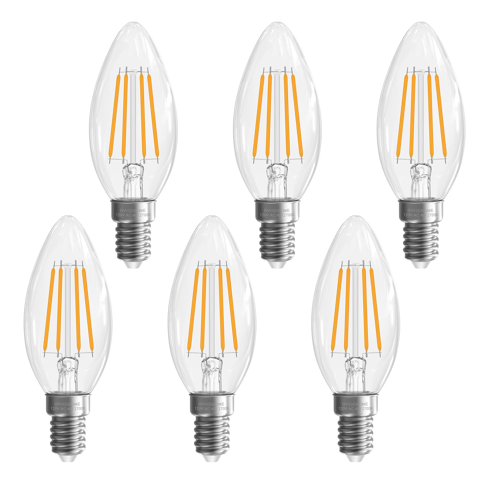 GvvooHome E12 Candelabra Light Bulbs, 4W LED, 40 watt Equivalent Dimmable E12 LED Bulb 2700K Warm White, E12 Base B10 Shpe Candle Light Bulb for Chandelier, 90+CRI, 400LM, Clear Glass, 6 Pack