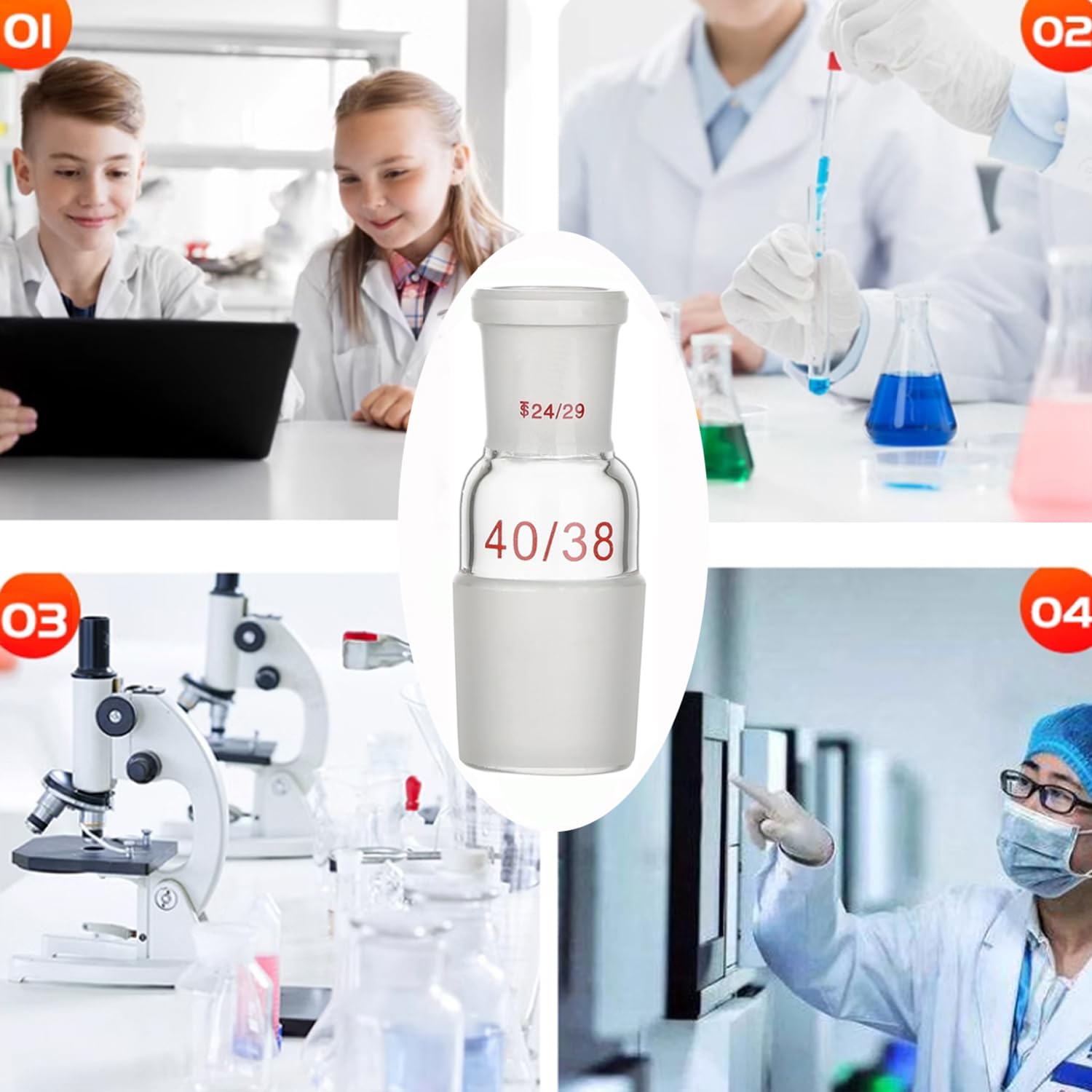Laboratoire Borosilicate verre droit adaptateur verrerie réduisant l'adaptateur de connexion pour ponter différentes tailles de joints (24/29 to 40/38)