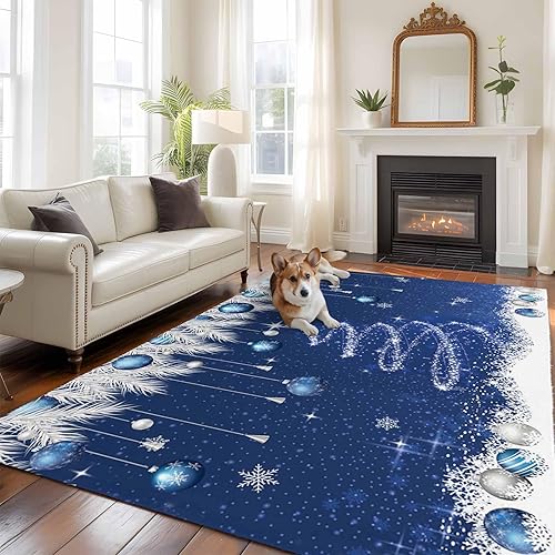 Large Area Rugs for Bedroom Living Room, Navy Blue Christmas Tree Non Slip Carpet Bedside Rug, Snowflake Balls Xmas Pine Needle Rectangular Floor Cover Kitchen Accent Rug 5'x8' for Dining Room/Office