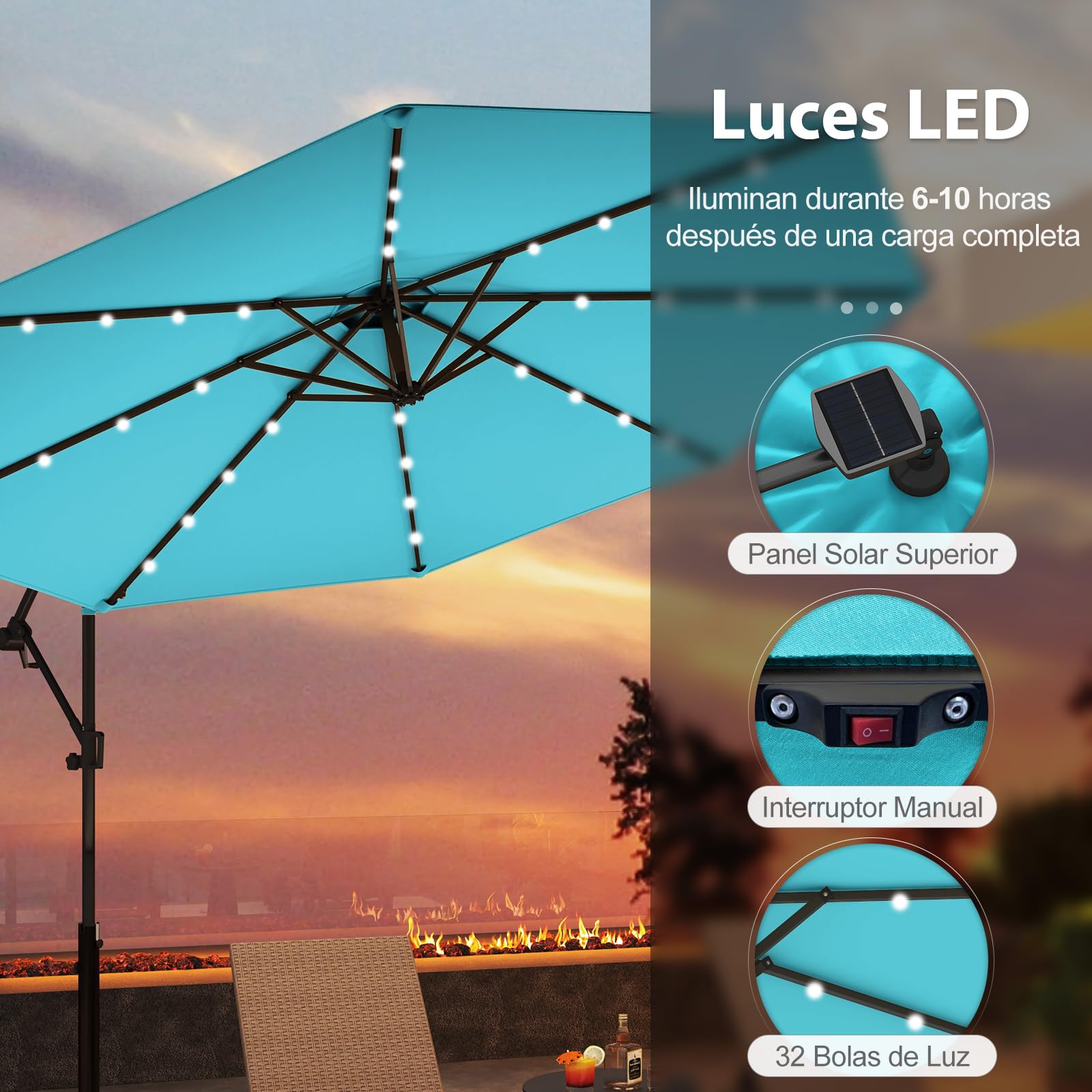 COSTWAY Sombrilla Terraza Exterior 3x3, Parasol Excentrico con 32 Luces LED Solar, Base Cruzada, Ajuste de Inclinación y Manivela, Rotación de 360°, Sombriila Jardin Terraza Balcón Patio