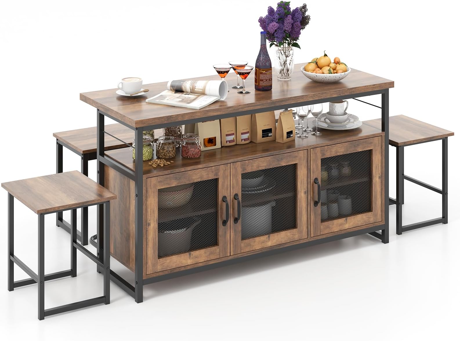 Giantex Dining Table Set for 4, Kitchen Island with Seating Bench & Stools, Storage Cabinet, 3-Position Adjustable Shelves, Bar Table and Chairs Set for Small Space, Kitchen Table Chairs Set of 4