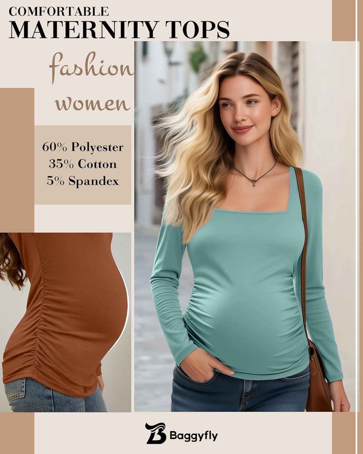 3 Pack Women's Maternity Shirts Long Sleeve Side Ruched Pregnancy Tops Square Neck Basic Tunic Knit Mama Clothes - Image 5