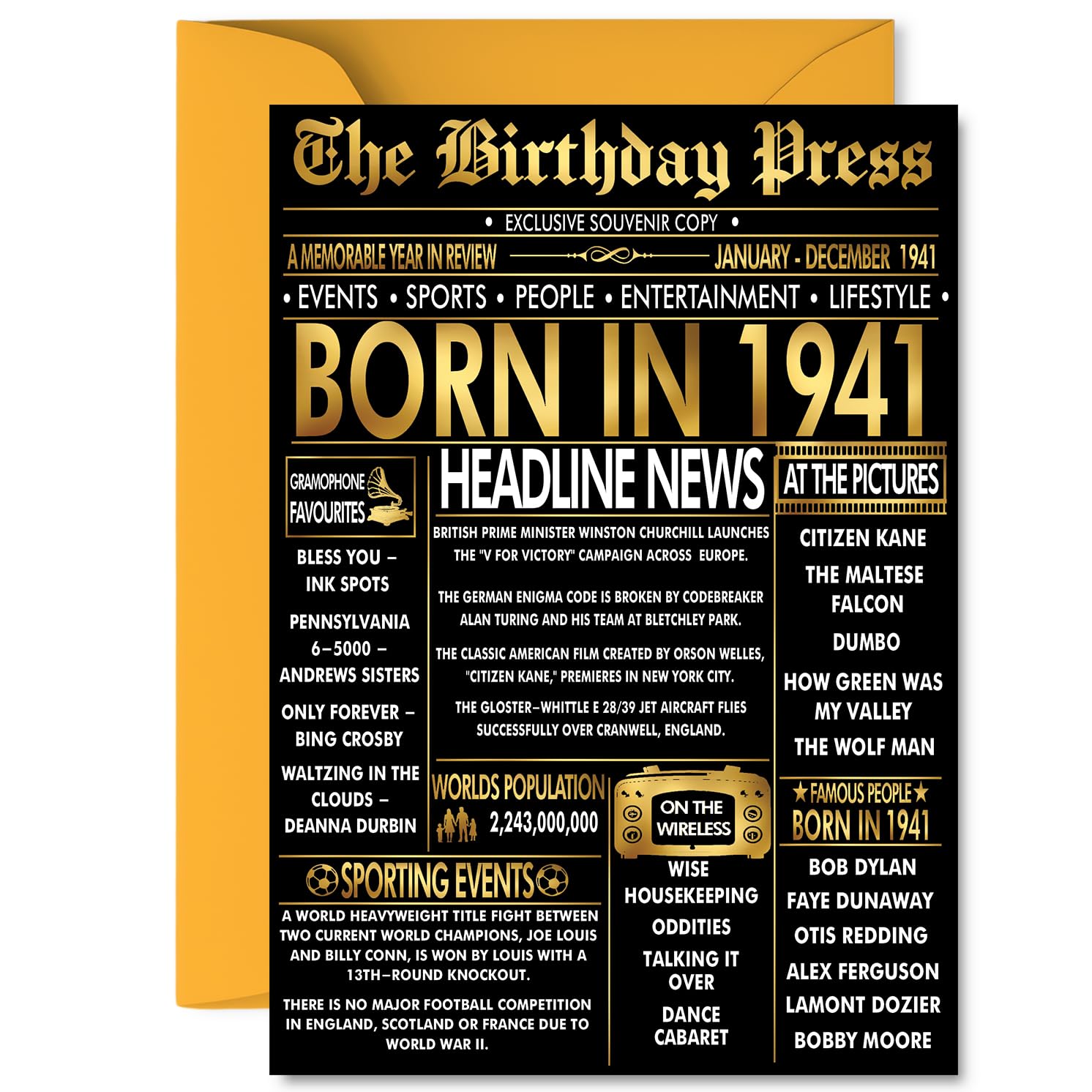 Gold 85th Birthday Card for Men Women - Black & Golden Newspaper Born in 1941 - Happy 85 Birthday Cards for Wife Nan Husband Auntie Grandma Grandad, A5 Bday Greeting Cards