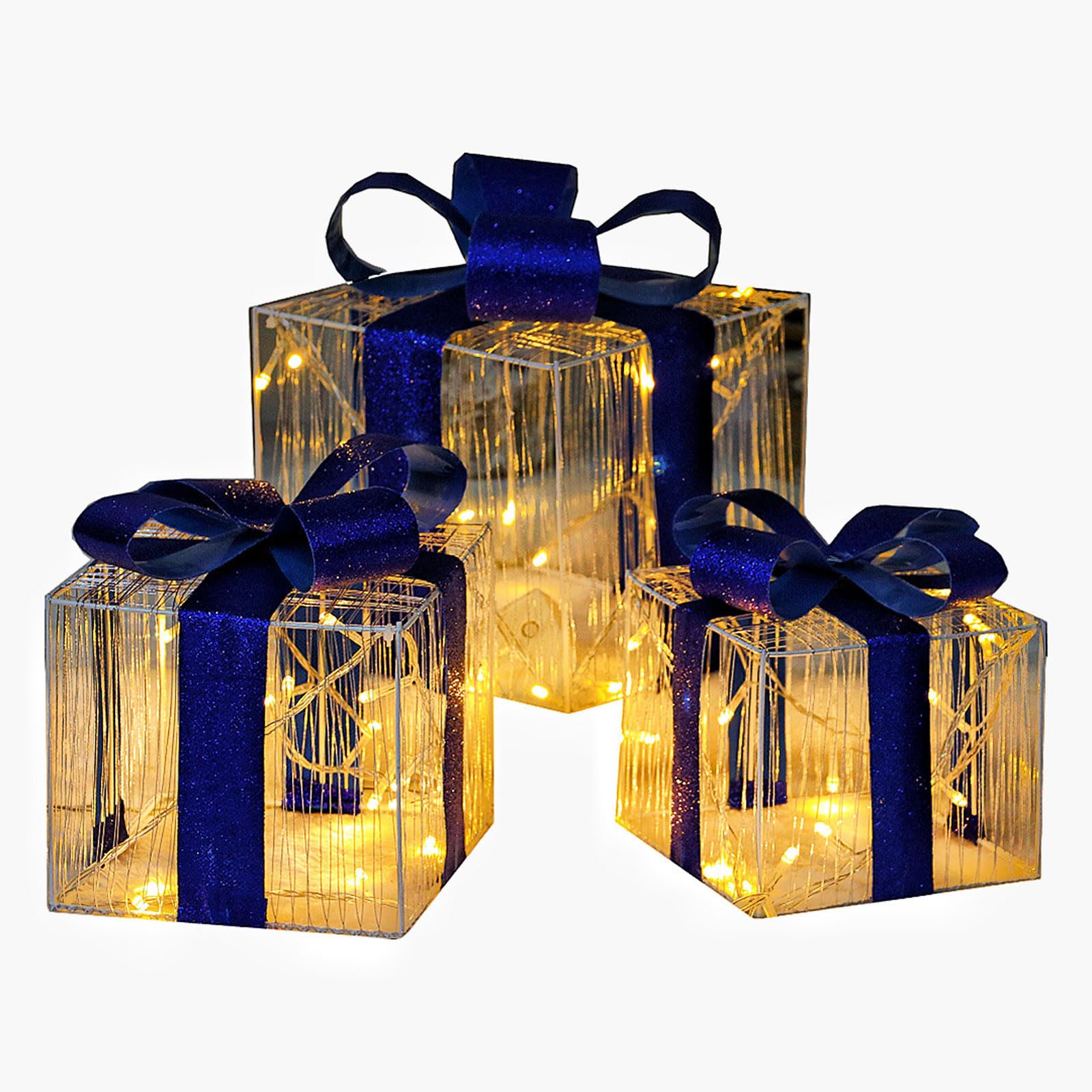 ozdoby świąteczne, Zestaw 3 pudełek prezentowych z lampkami świątecznymi w kolorze niebieskim, 14-19 cm, diodami LED (pudełko prezentowe)((Without Light) Gift Box)