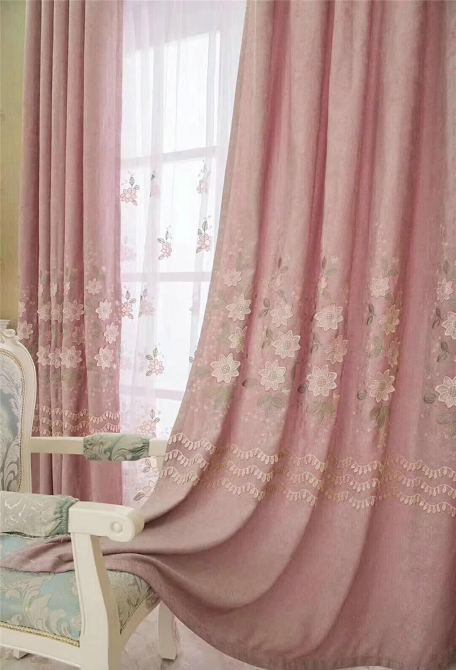 Rideau Salon Long Rose, Occultant Rideaux Chambre Adulte Chenille Fleurs et Feuilles Brodées Lot de 2 LxH 150x270cm