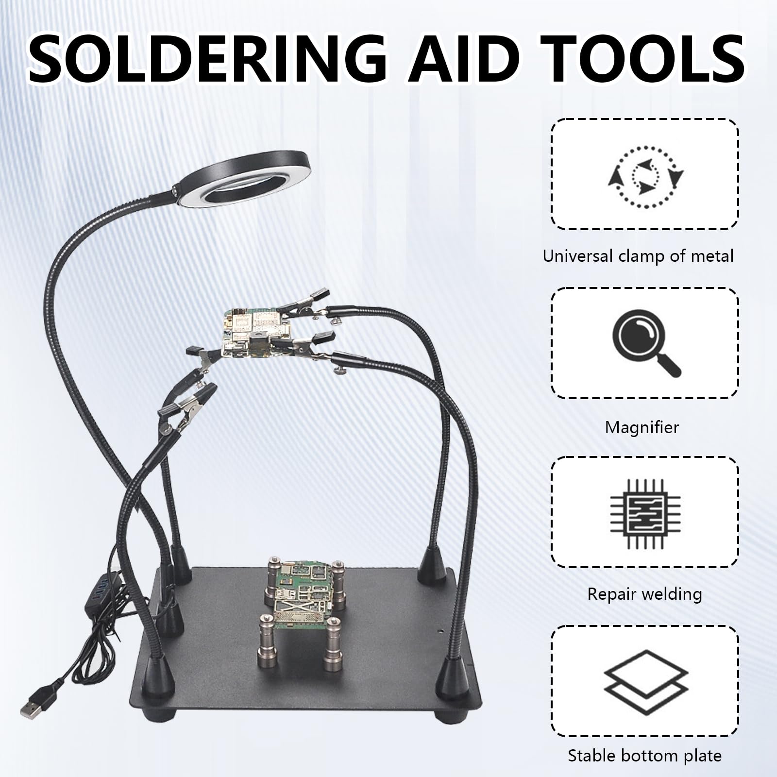 Estacion de Soldadura Magnético, Ayuda para Soldar con 4 Brazos Flexibles y Lupa LED de 6 Aumentos Manos Auxiliares Soporte para Placas de Circuito Impreso para Reparación de PCB Soldadura