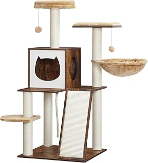 HOOBRO Cat Tree for Indoor Cats, 44 Inches Cat Tower Wooden, Modern Cat Condo with Cat Scratching Posts, Multi-Level Cat Play House with Cat Hammock, 2 Top Perches, Toy Balls, Rustic Brown FG55CT03