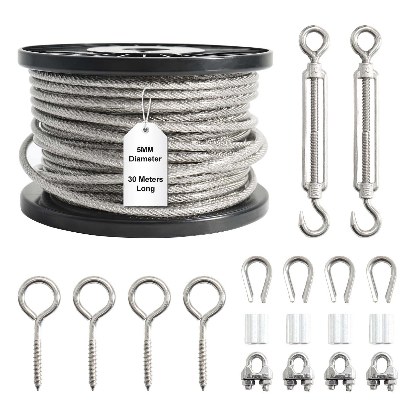 Kit Cavo Acciaio Inox 5mm 30M Rivestito PVC, con Tenditore M6 e Accessori, per Stendibiancheria, Piante Rampicanti, Tende e Sostegni Esterni