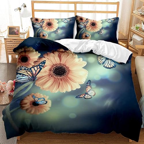 BEIRTY Duvet Cover Set 3D Butterfly Pattern Breathable Lightweight Microfiber Comforter Cover Soft Bedding Set All Season Bedding 3 Pieces Duvet
