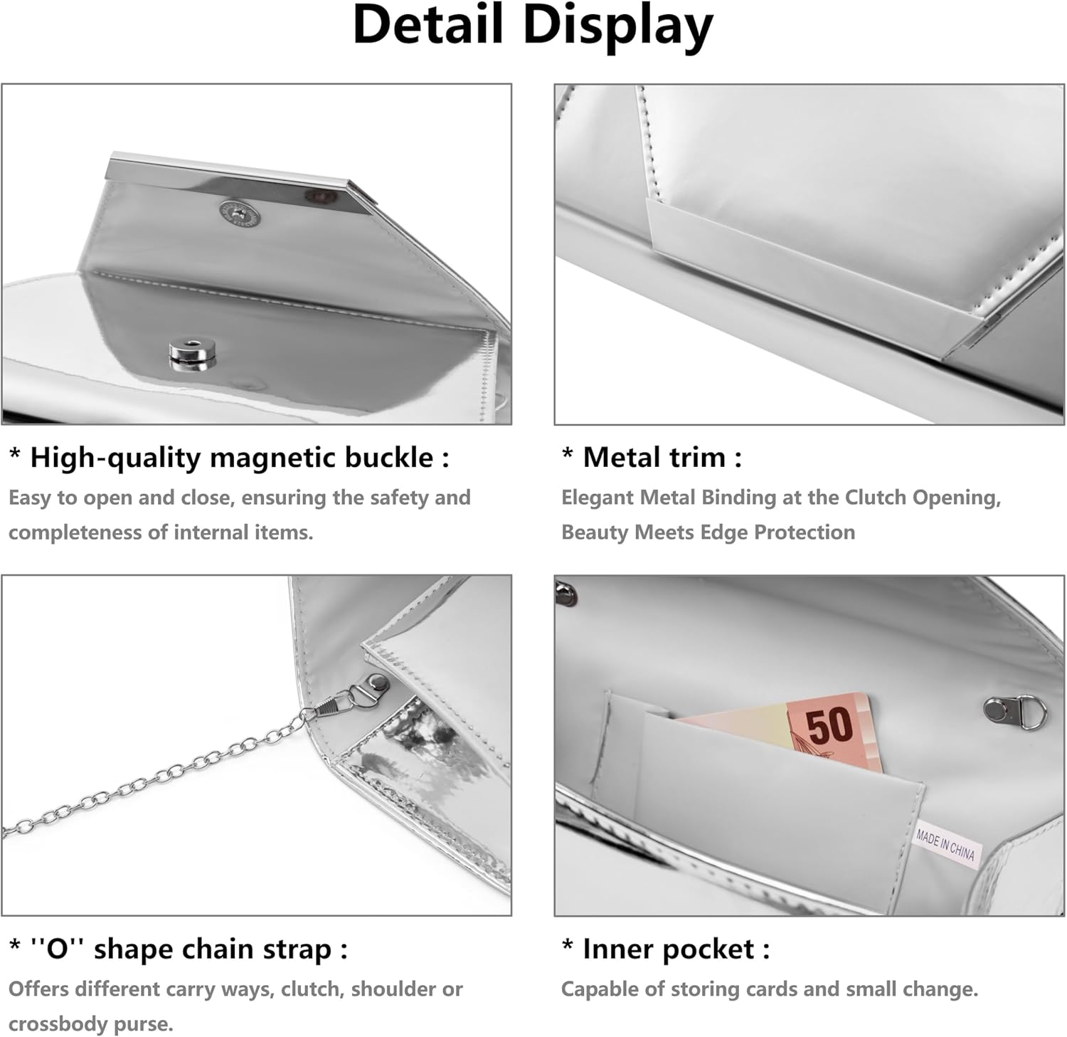 Gurina Elegant Patent Leather Clutch Purse for Women, Formal Evening Clutch Bag with Chain for Wedding Party Prom - Image 4