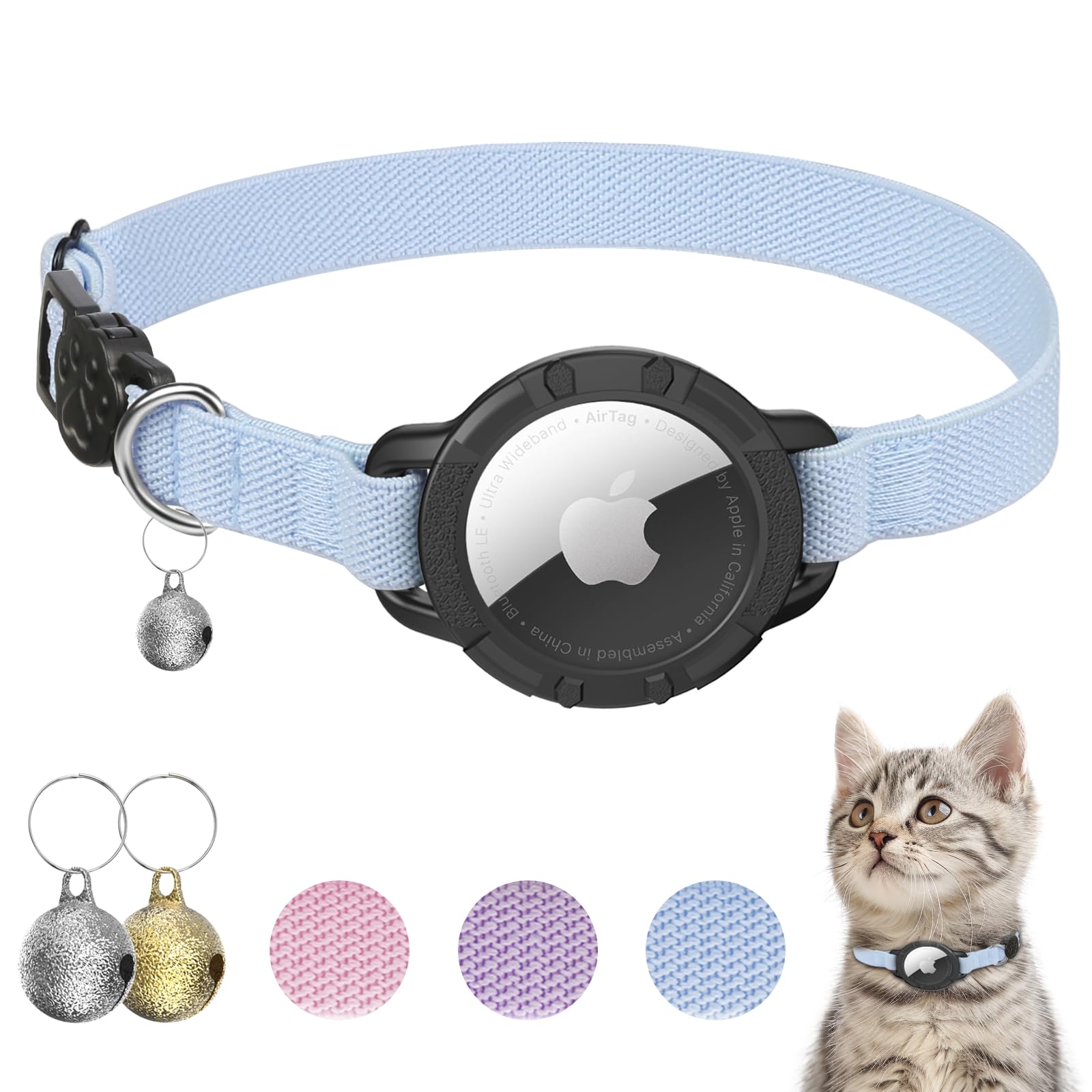 AirTag Cat Collars, Stretchy Collar with Apple AirTag Holder and Bell, Breakaway Ultra Design Elastic GPS Tracking Collars for Cats and Puppies, (7.5-12.5 Inch), Blue