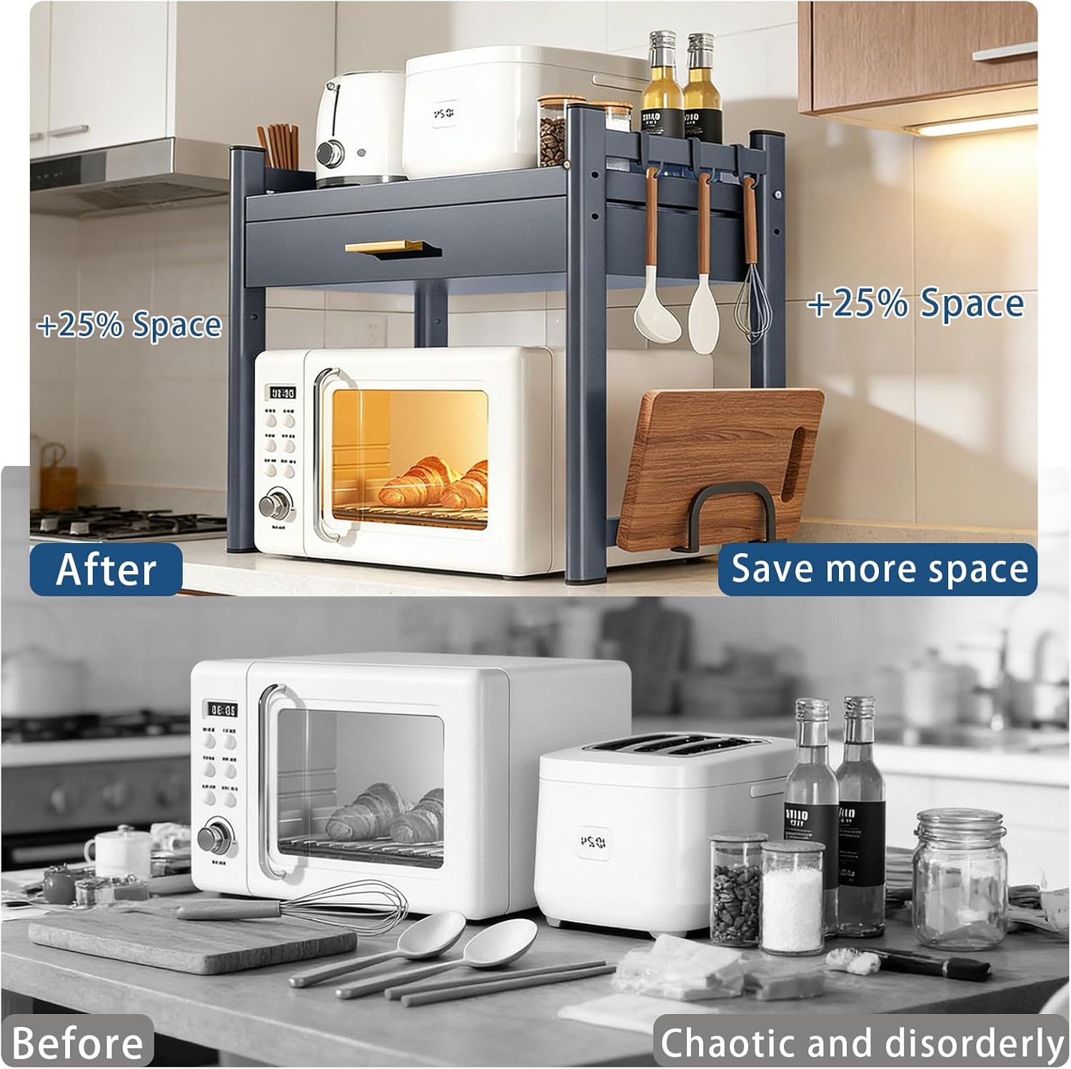 Adjustable Microwave Oven Rack, Microwave Stand Shelf with Drawers, 2-Tier Shelf with Cutting Boards Stand for Kitchen Shelves Counter Top Organizer, Holds 55lbs,9 Hooks and 4 Storage Boxes