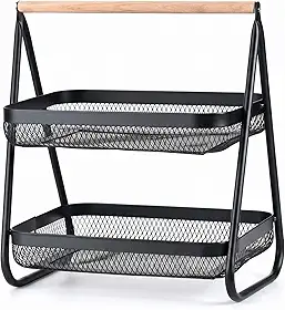 Fruteira de Bancada 2 Andares Aramada em Metal Mesh com Alça de Madeira – Cesto Organizador de Frutas e Legumes para Cozinha Premium