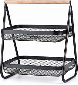 Fruteira de Bancada 2 Andares Aramada em Metal Mesh com Alça de Madeira – Cesto Organizador de Frutas e Legumes para Cozinha Premium