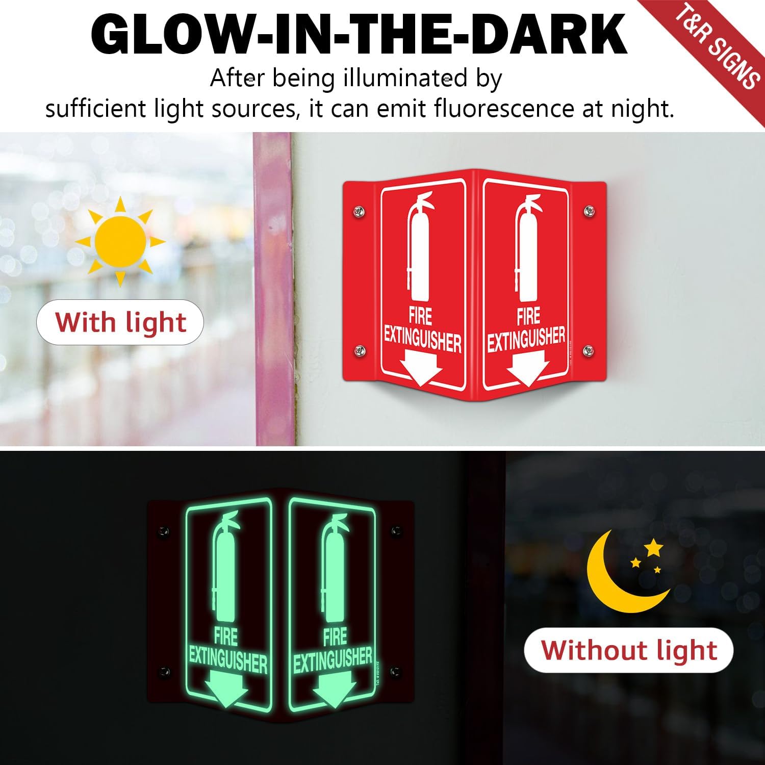 T&R Fire Extinguisher Sign, Fire Extinguisher with Down Arrow - 4 Pack - 8 x 6 Inches Glow-In-The-Dark Acrylic, 4 pre-drilled holes, Includes Matching Screws, Use for Home Office/Business