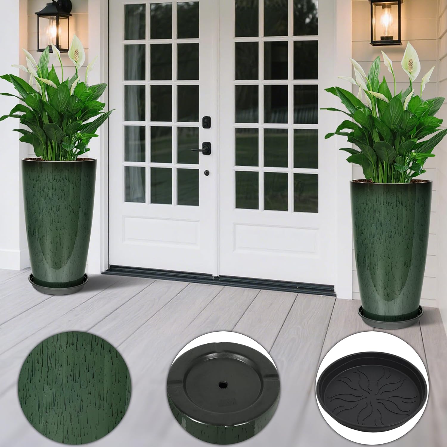 Set of 2 Lightweight Ceramic-Look Tall Planter, 21 inch Large Plastic Planter with Drain Hole & Saucers, Large Outdoor Planters for Porch, Garden, Patio, Balcony(Dark Green)