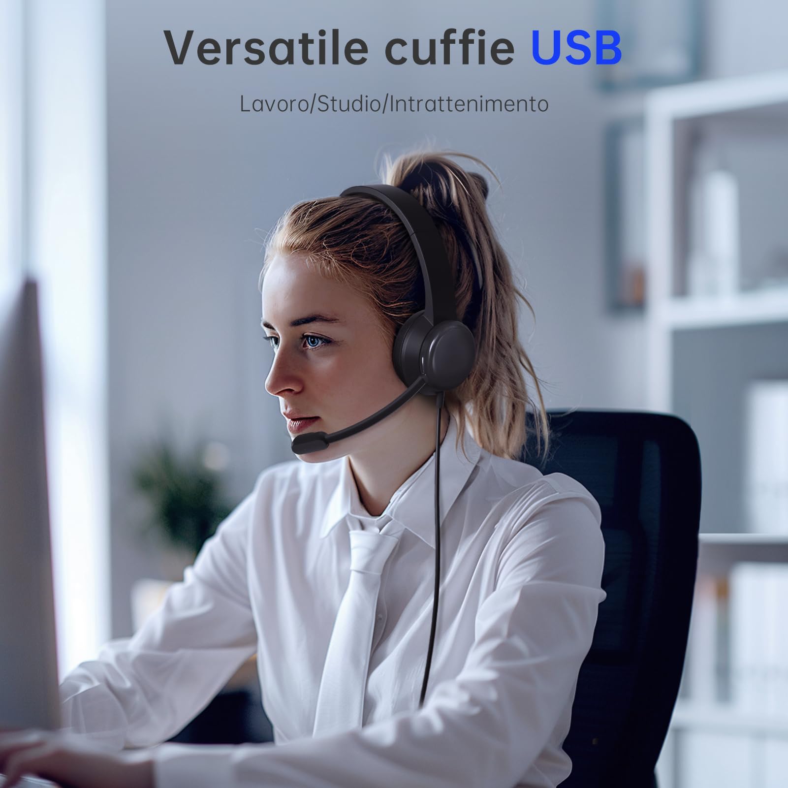 syndesmos Cuffie con Microfono per PC, Cuffie USB con Microfono a Cancellazione del Rumore, Cuffie PC per Ufficio, Computer, Portatile, Laptop, Macbook, Teams, Skype, Zoo, Cavo 1,8 m